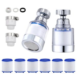 Set de 2 Filtre Transparente pentru Robinet, Filtru de Apa Purificator 360° + 6 Elemente Filtrante din Bumbac PP, cu Element de Filtrare Inlocuibil, pentru Bucatarie, Chiuveta, Baie