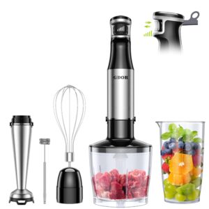 Blender de mână 1100W 5-în-1, din oțel inoxidabil, viteză variabilă, cu 2 teluri, pahar 800ml și tocător 600ml – argintiu