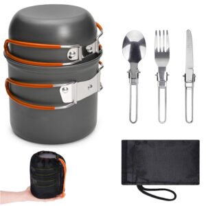 Set Vase de Gatit pentru Camping, Oala de Camping din Aluminiu, Vase de Exterior cu Tacamuri Pliabile, Vase de Camping pentru 2 Persoane, pentru Drumetii, Pescuit, Picnic, Certificat FDA (Portocaliu)