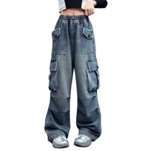 Blugi Cargo pentru Fete, Talie Inalta, Elastici, Vintage, Largi din Denim - Albastru Denim 10-11 Ani (150cm)