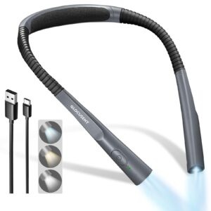 Lumină LED de citit pentru gât Glocusent, model îmbunătățit, cadou de Ziua Îndrăgostiților pentru el, lampă pentru lucru manual, lampă de citit pentru pat, temporizator de 30 de minute, 3 culori și 3 niveluri de luminozitate, reîncărcabilă și durabilă, pentru tricotat și reparații