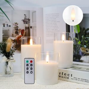 JHY DESIGN Set de 3 Lumanari din Sticla fara Flacara, LED 3D din Ceara Alba, Lumanari cu Efect de Palpaire pe Baterii, cu Telecomanda cu 8 Butoane si Cronometru, pentru Nunta, Petrecere, Craciun (Model Rotativ Llama Tip)