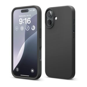 Husă elago compatibilă cu iPhone 16, silicon lichid premium, husă de protecție completă, antișoc, subțire, căptușeală moale din microfibră, antizgâriere, 6,1 inchi (neagră)