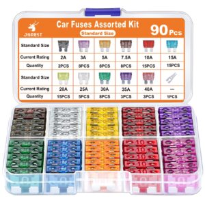 JOREST Set de 90 de Sigurante Auto - Sigurante Standard cu Lama + 1 Extractor de Sigurante - Sigurante Auto pentru Masini/Rulote/Camioane/Motociclete (2A 3A 5A 7,5A 10A 15A 20A 25A 30A 35A 40A)